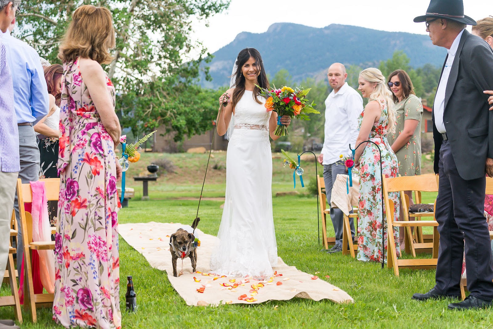 bride walking down the aisle with their dog showing how to include your pets on your wedding day
